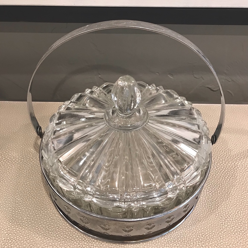 Vintage Cut Glass Dish with Metal Holder